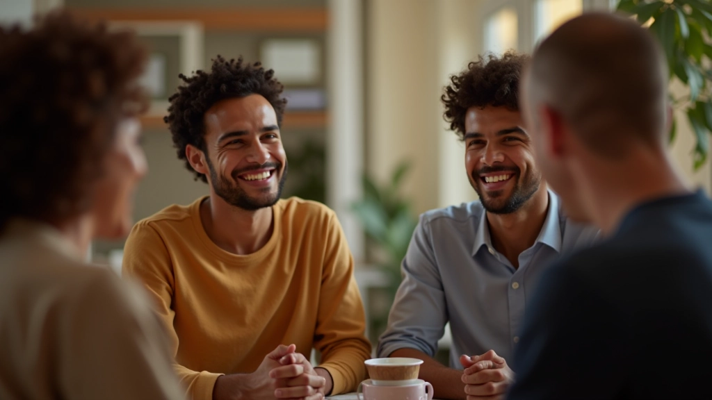 Grupo diverso de pessoas em círculo durante sessão de discussão sobre emoções, atmosfera acolhedora e colaborativa