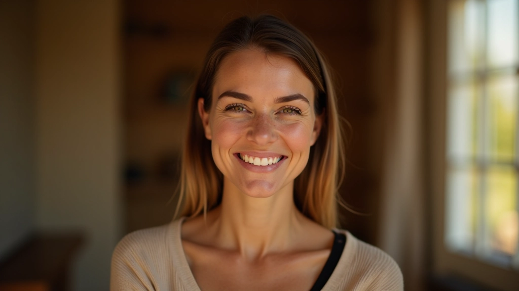 Pessoa sorrindo com expressão de paz e esperança, sentada numa janela com luz natural, refletindo confiança e transformação pessoal