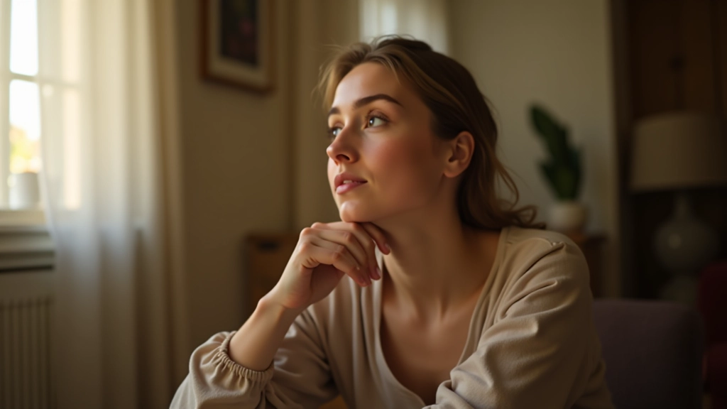 Pessoa em ambiente doméstico tranquilo, pensativa e reflexiva, com expressão de autoconhecimento e paz interior