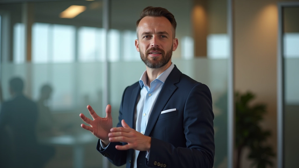 Pessoa em apresentação profissional com linguagem corporal confiante e comunicação clara
