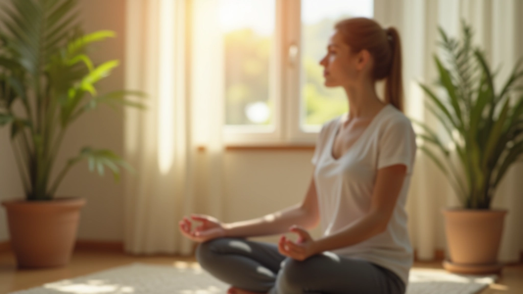 Pessoa em meditação num espaço calmo e luminoso, em posição reflexiva e concentrada, mostrando serenidade e introspecção