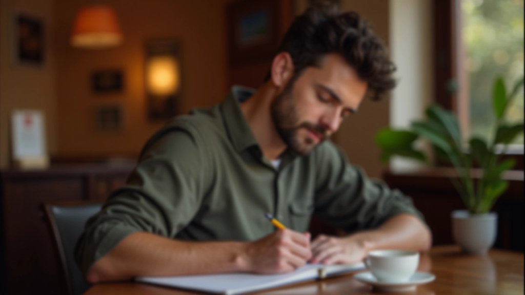 Pessoa anotando num diário ou caderno, sentada num local confortável, com caneta na mão, durante uma sessão de reflexão pessoal e autoconhecimento