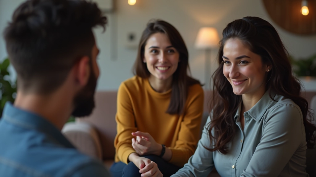 Três pessoas em círculo, cada uma expressando diferentes emoções — compreensão, conexão e apoio mútuo