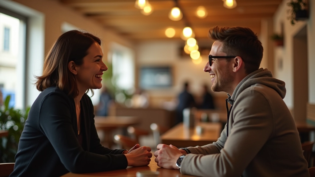 Duas pessoas em conversa amigável num café, expressões genuínas e abertas