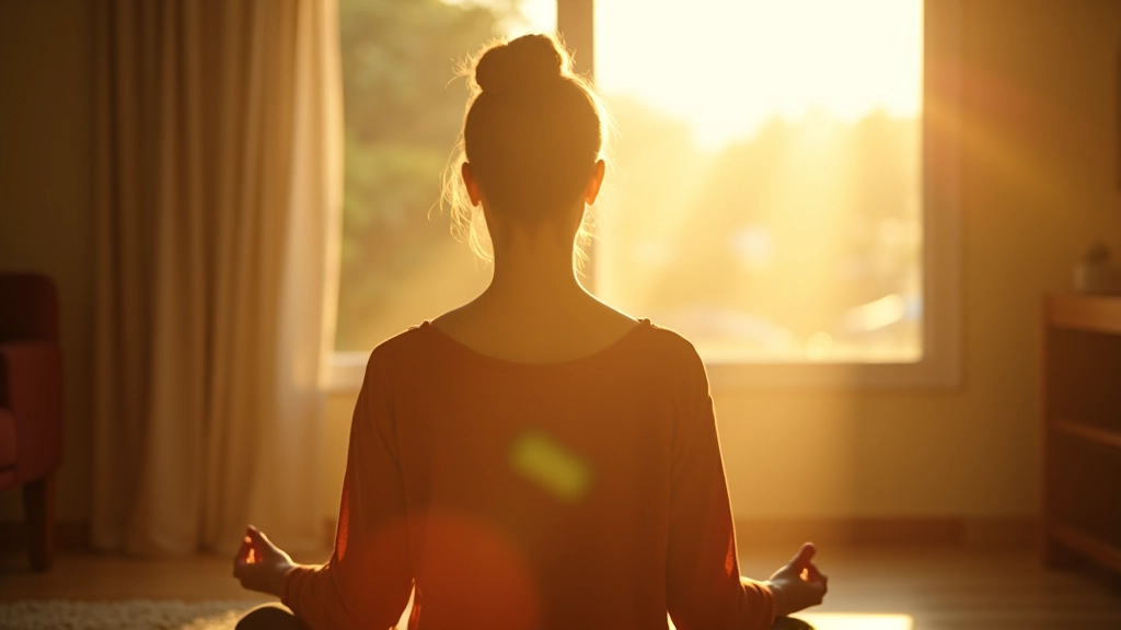 Mulher em meditação em ambiente calmo com luz natural, expressão serena e tranquila
