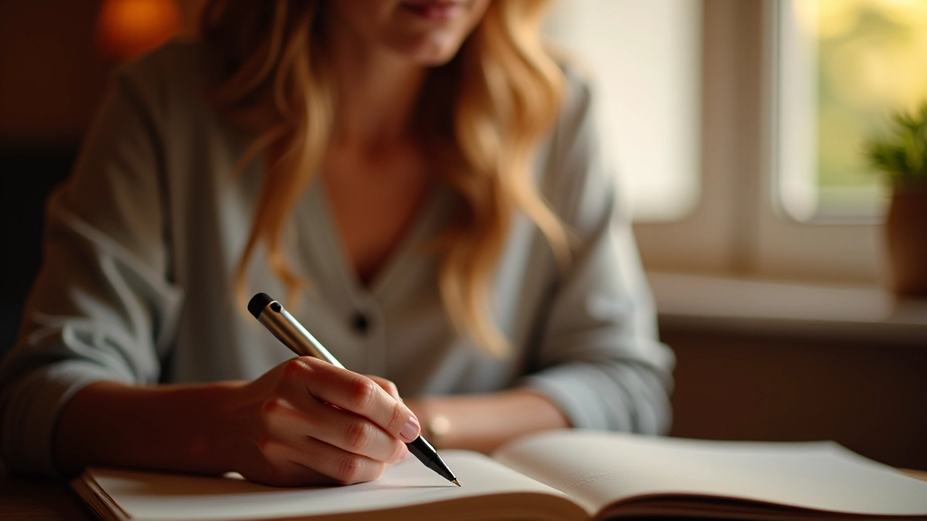 Mulher escrevendo num diário com caneta em ambiente tranquilo e aconchego